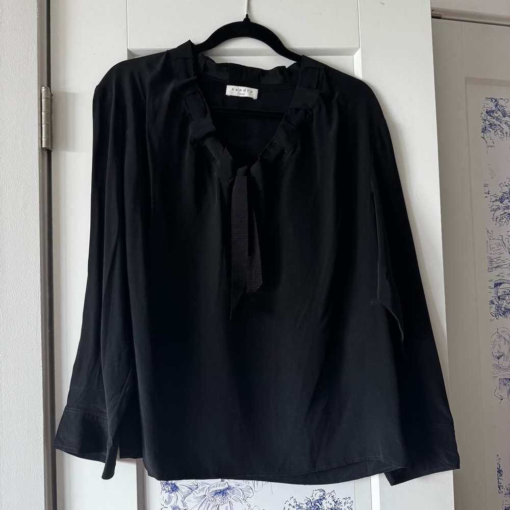 NWT Sandro Black Silk Blouse with Grosgrain Ribbon Neckline